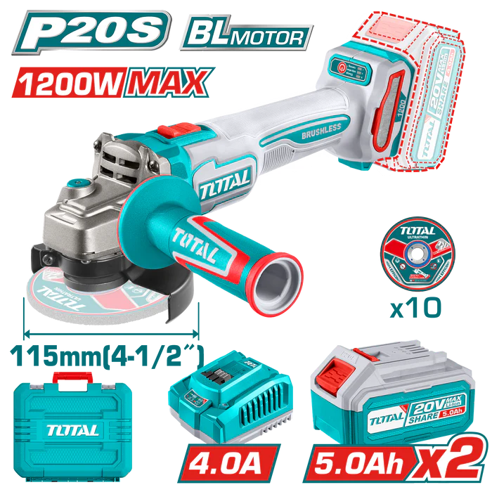 ⁦توتال تولز صاروخ بطارية براشليس 20 فولت 4.5 بوصه + 2 بطاريه و شاحن 1200 وات ماكس TAGLI2211532⁩ - الصورة ⁦1⁩