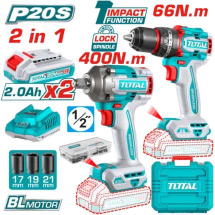 توتال تولز طقم ( شنيور + دريل )بطاريه 20 فولت 2 امبير+ 2 بطاريه و شاحن + طقم 47 قطعة - TCKLI20275