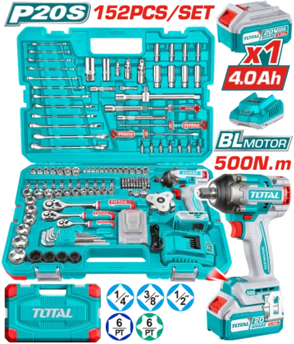 توتال تولز شنطة عده + دريل لقم بطاريه 1/2 بوصة 500 نيوتن + بطاريه و شاحن 152 قطعة - THKTHP31522