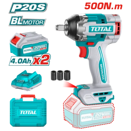 توتال تولز دريل فك وربط لقم بطارية ليثيوم 20 فولت بدون شربون +2 بطاريه 4 امبير + 1 قطعه شاحن / TIWLI2050
